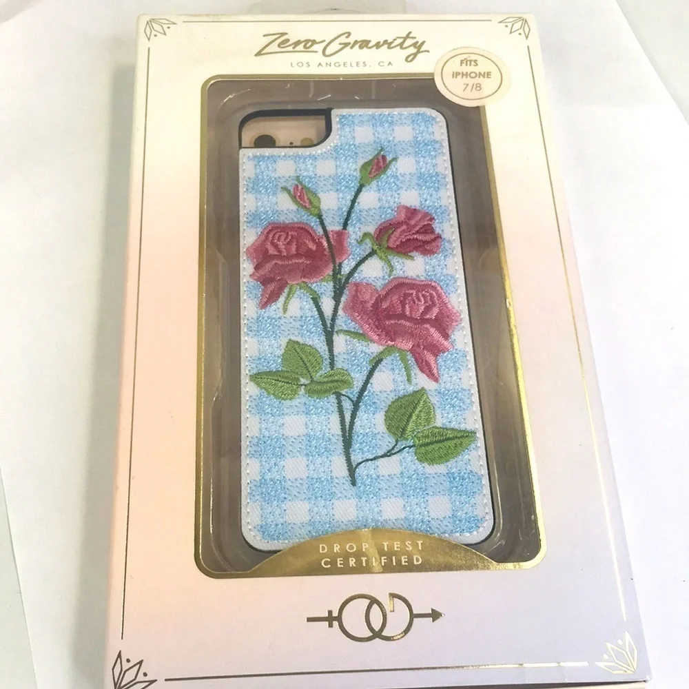 NEW Zero Gravity Iphone 7/8 cover embroidered roses with blue gingham